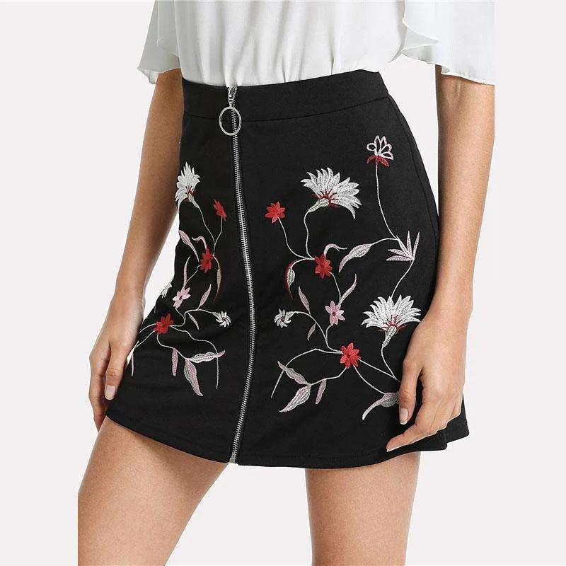 Black Embroidered Zip A-line Mini Skirt