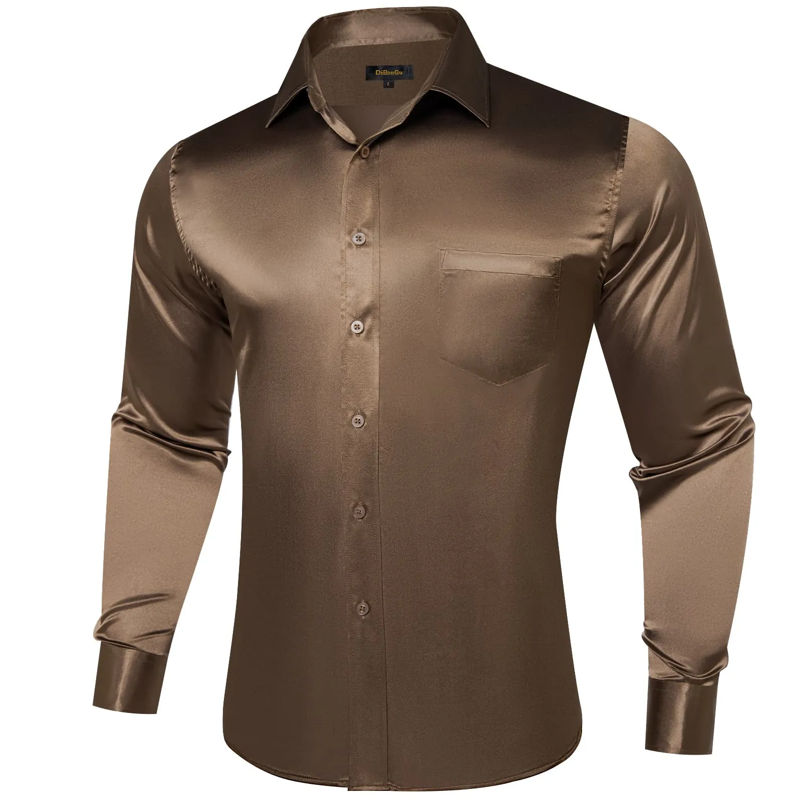 DiBanGu Collared Shirt Chocolate Brown Solid Men's Button Down Shirt Top