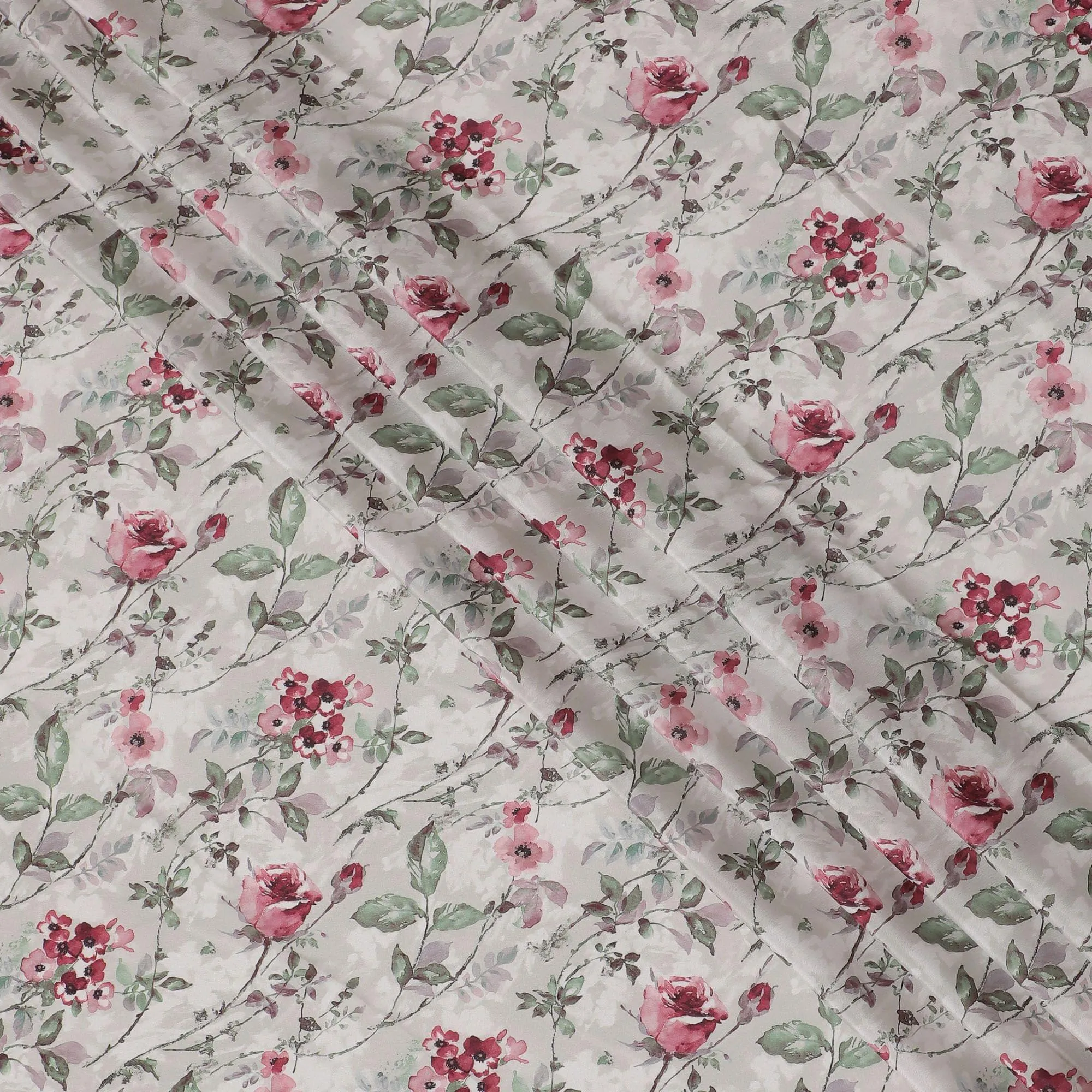 Light fawn beige synthetic crepe fabric with multicolor print in floral design-D15024