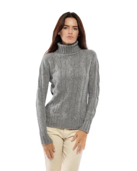 NEW FALL 24 - Women's Pure Cashmere Cable Knit Turtleneck Sweater Melange Gray