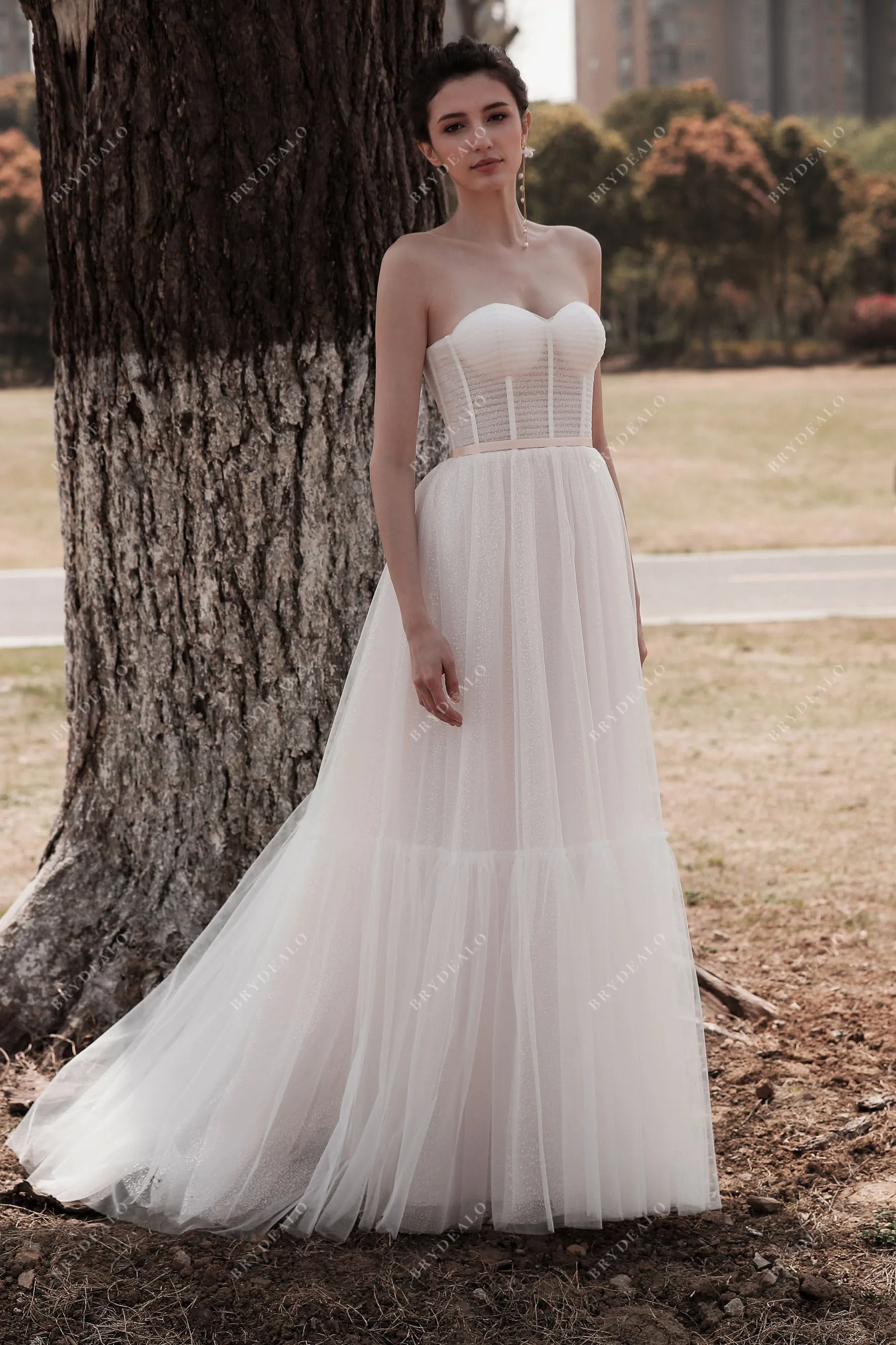 Ruched Tulle Sweetheart Sheer Corset Beach Pink Wedding Dress