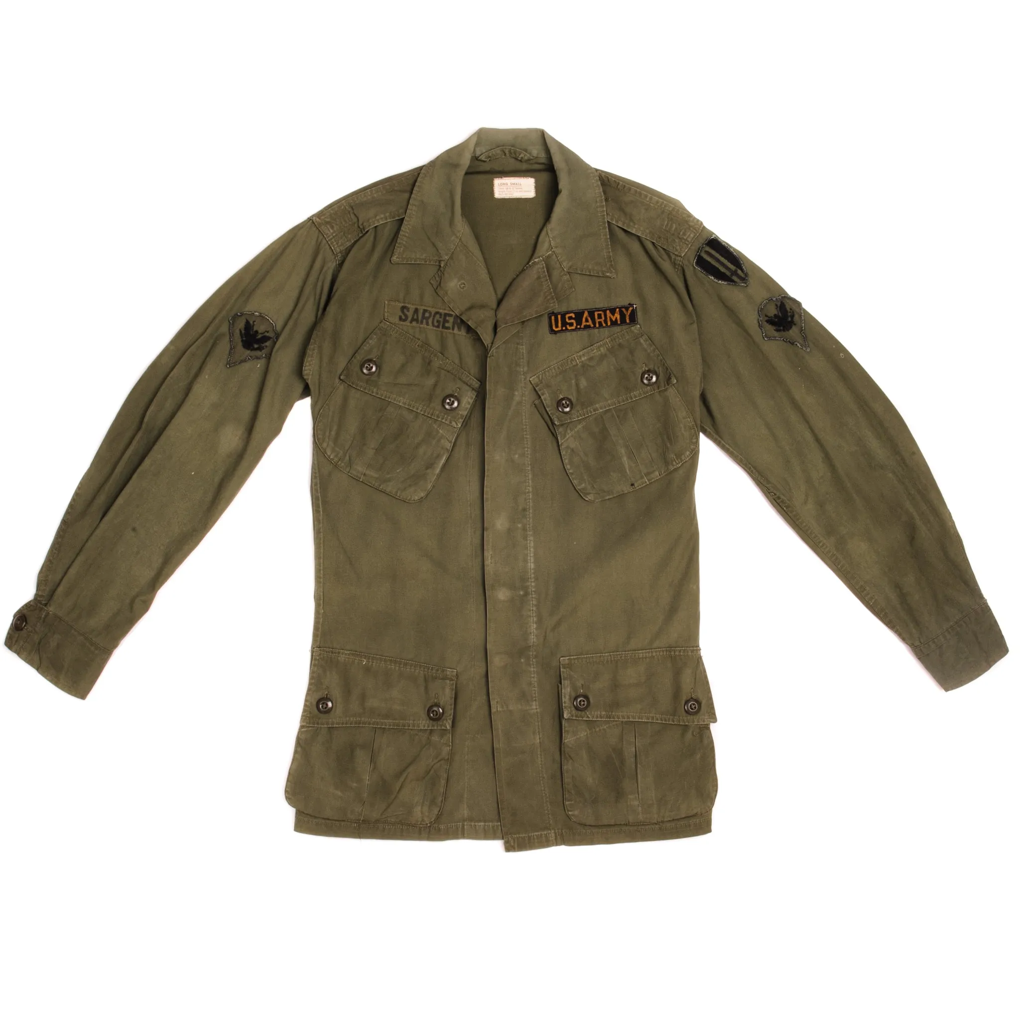 VINTAGE US ARMY TROPICAL COMBAT JACKET FIRST PATTERN 1963 VIETNAM WAR SIZE SMALL LONG WITH PATCHES
